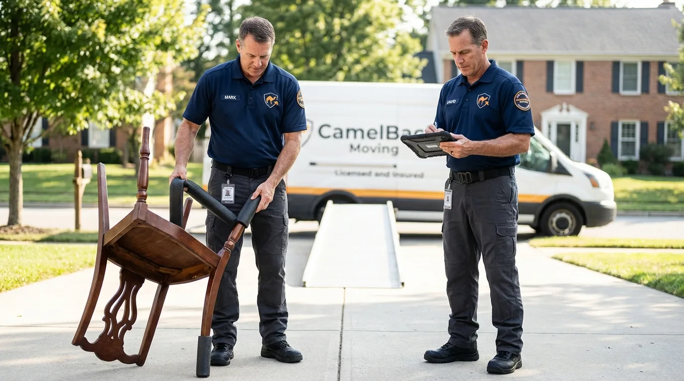 Movers inspecting furniture for damage prevention before loading in Beavercreek, OR