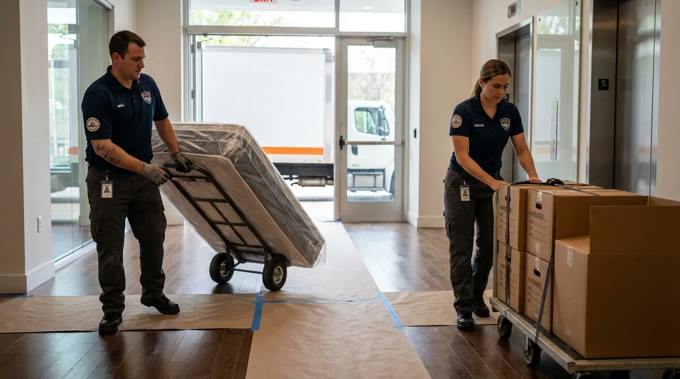 Professional apartment movers loading elevator in Beavercreek, OR